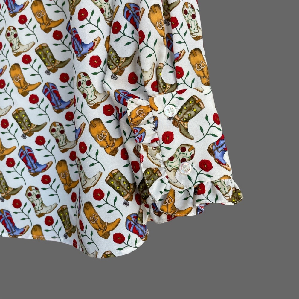 SANDRO Cream Cowboy Boot Printed French Western Ruffle Button Down Shirt Blouse - Picture 5 of 12